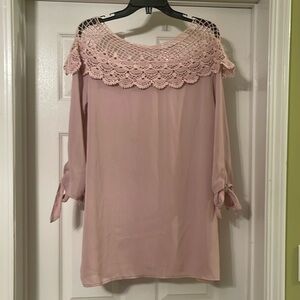 Nextmia - light pink tunic - crocheted neckline - sheer - size 14